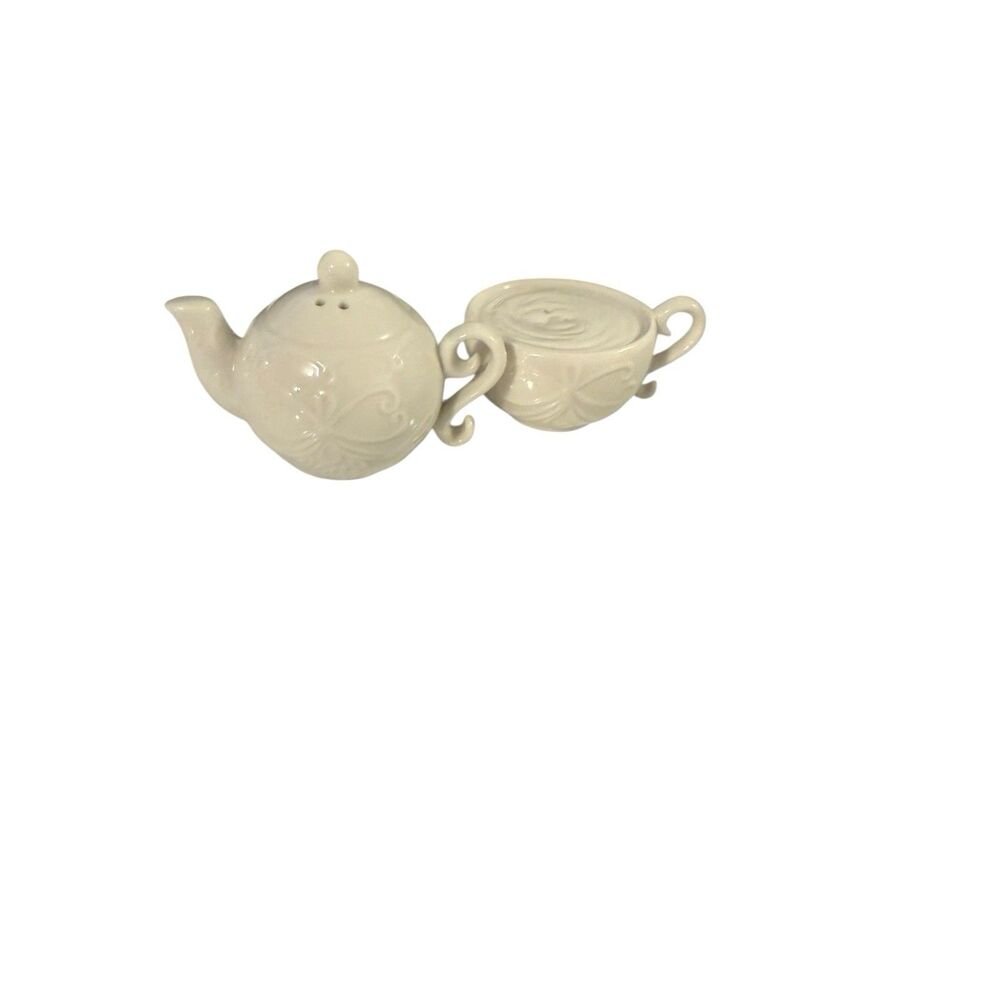 Pier 1 Teapot, Cup White Salt And Pepper Shaker Stackable Set Textured